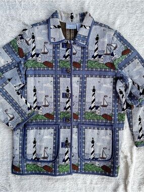 VTG Blair Lighthouse Woven Tapestry Jacket Coastal Grandma Nautical Chore Coat